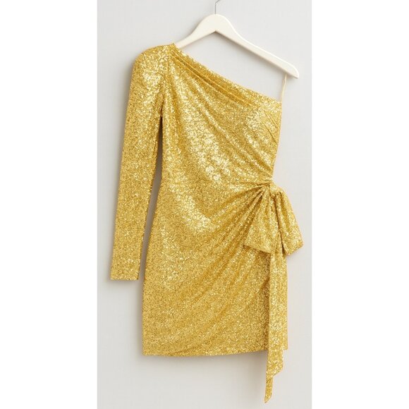 Mac Duggal Gold Sequined One Shoulder Draped Side Bow Mini Dress Size12 New - Picture 5 of 16